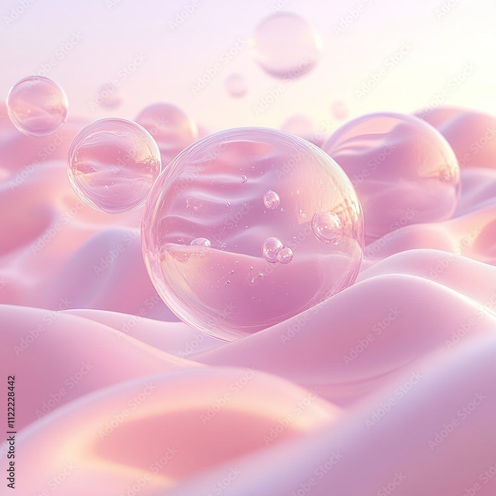 Poster bubbles floating on soft pink waves abstract art tranquil setting dreamlike environment close-up per