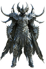 Fototapeta premium A detailed, menacing armored figure adorned with spikes and horns, showcasing intricate designs and a dark, formidable presence.