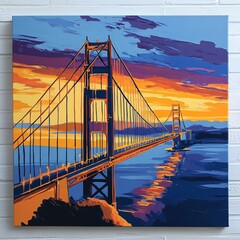 Obraz premium Golden gate bridge sunset painting san francisco artwork vibrant colors aerial view artistic expression for home decor