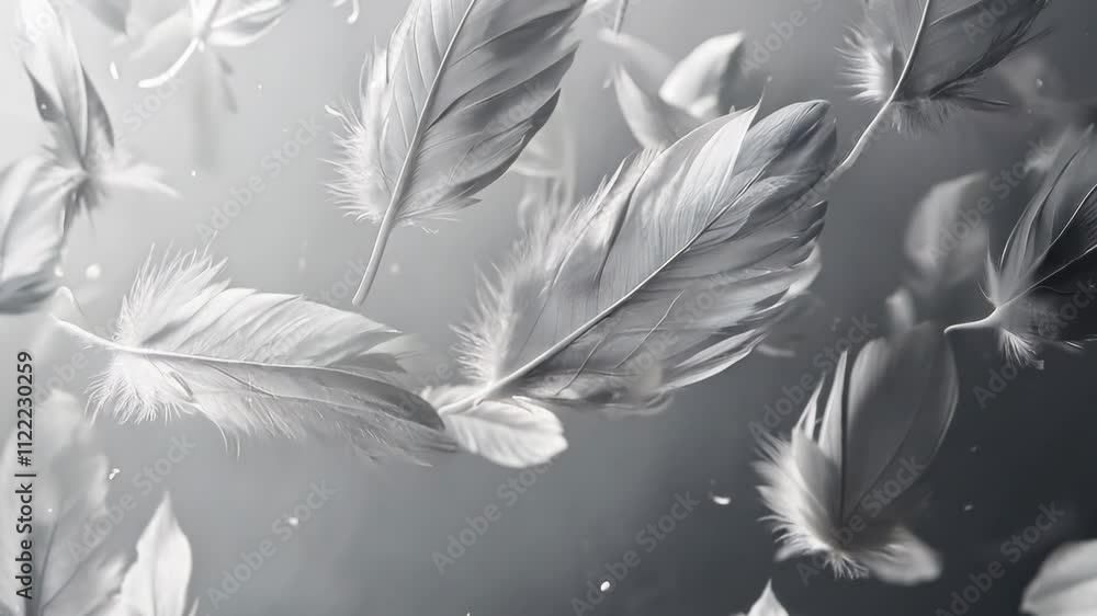 Poster a large number of white feathers scattered throughout the frame. the feathers appear to be in variou
