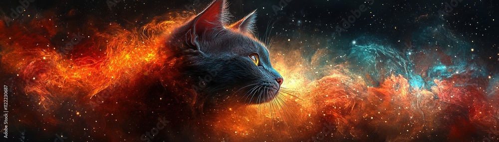 Poster cosmic cat contemplation outer space digital art nebula environment side view imagination unleashed