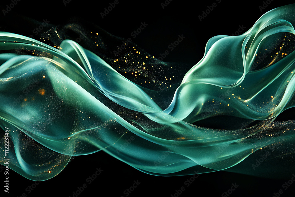 Aufkleber Abstract flowing fabric with shimmering particles in a dark background creating a serene visual effect. Abstract art illustration