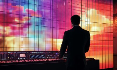 Technician at Audio Mixing Console with Colorful LED Wall - Powered by Adobe