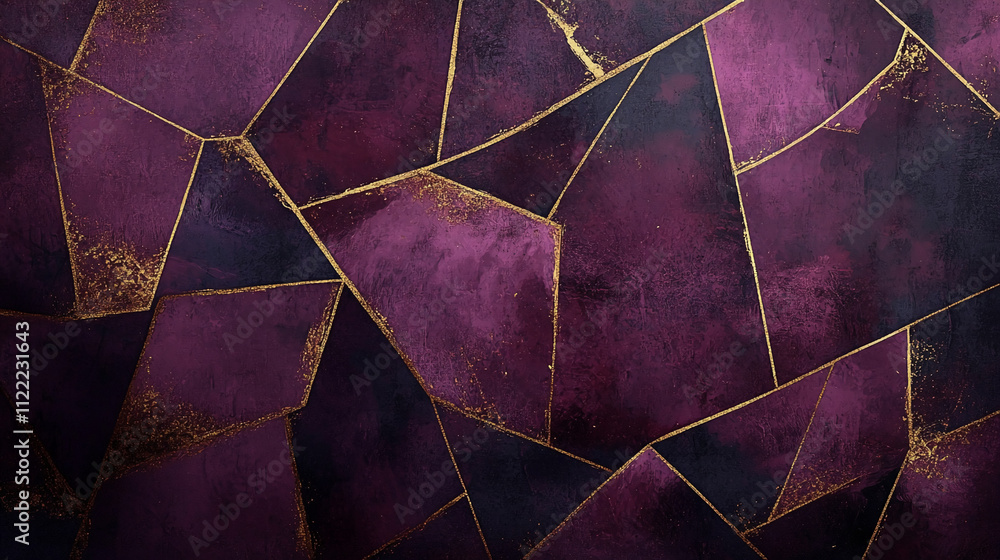 Poster elegant purple and gold abstract design featuring geometric shapes and textures on a dark background