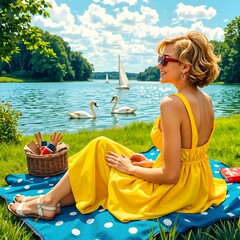 Woman sitting by a lake wearing a yellow dress