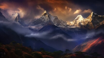 Majestic mountain landscape with dramatic lighting and misty valleys.