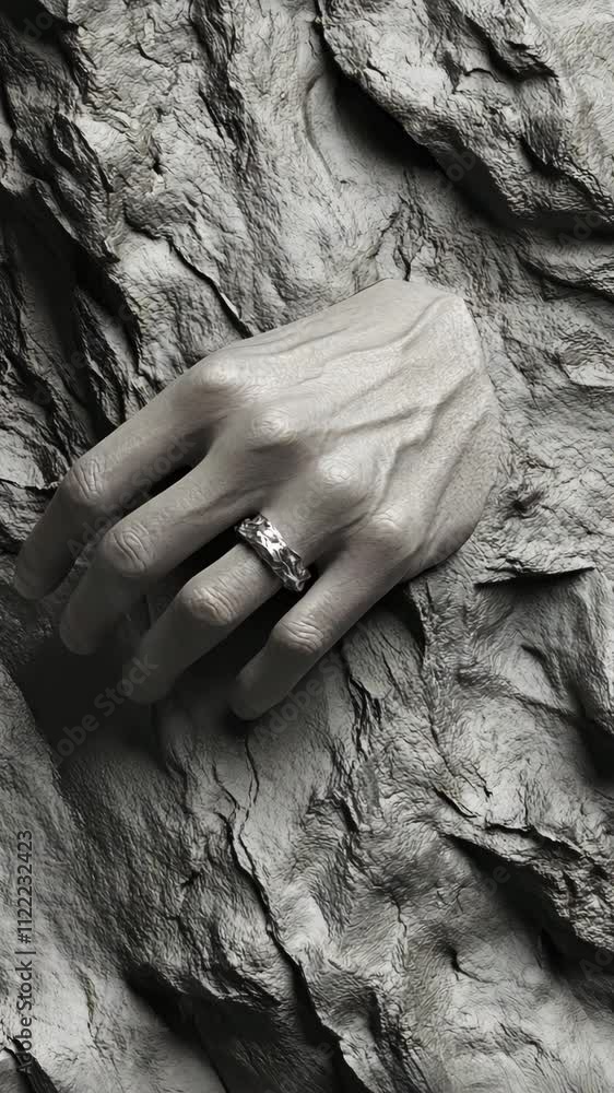 Poster hand emerging from textured surface with a unique ring displayed in a captivating black and white co
