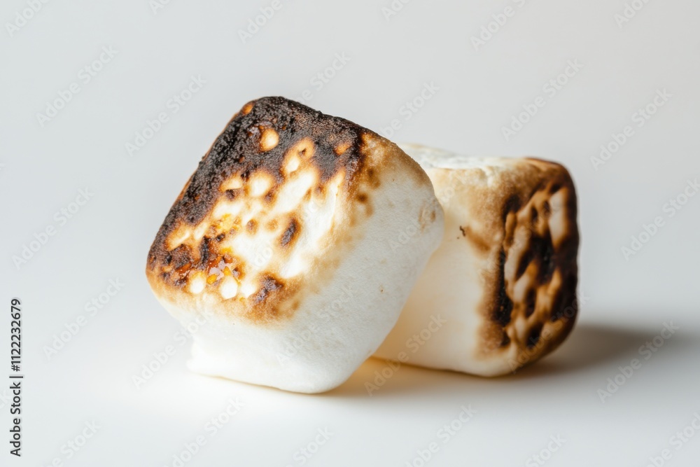 Aufkleber charred marshmallow on white background highlighting texture and browning with unique tilted angle f
