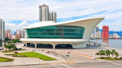 Obraz premium Modern architectural building with glass facade by the waterfront, surrounded by urban landscape.