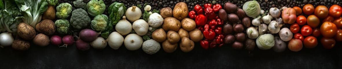 Colorful array of fresh vegetables featuring potatoes, onions, and bell peppers