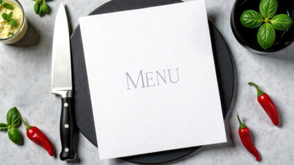 Stylish minimalistic menu on the background of professional kitchen utensils and fresh ingredients with space to copy. Suitable for restaurants, culinary blogs and gastronomic events