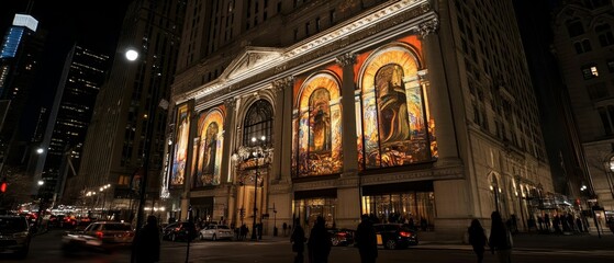 Fototapeta premium Nighttime city building, projected artwork, pedestrians.