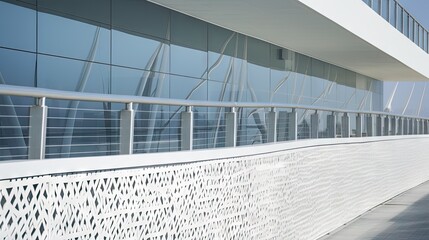 Fototapeta premium Modern architectural facade with sleek lines and reflective glass.