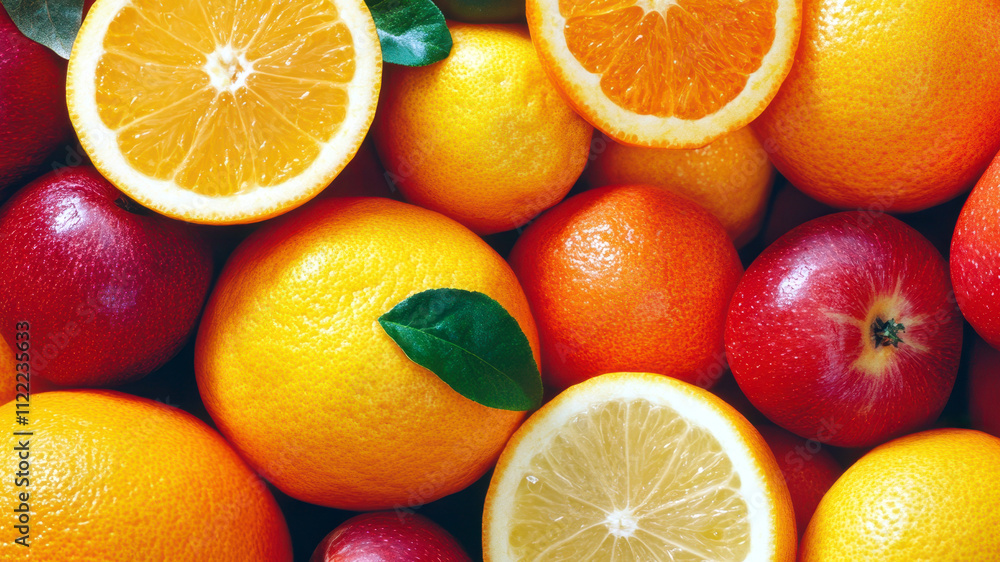 Poster vibrant display of assorted citrus fruits in a colorful, fresh arrangement