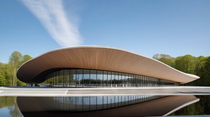 Fototapeta premium Modern architectural structure with a sleek wooden roof and large glass windows reflecting nature.