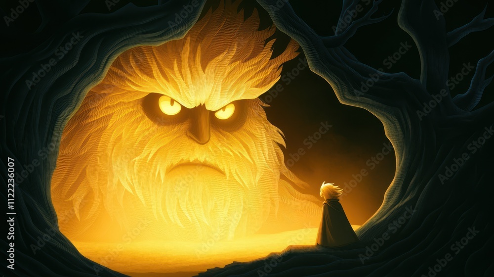 Poster encounter with a mystical creature in a dark forest at twilight