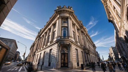 Historic stone building with ornate architecture on a sunny city street