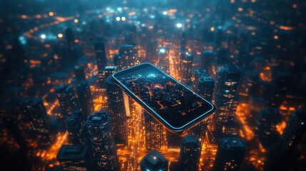 Naklejka premium Futuristic Nightscape: Smartphone Hovering above Grid Patterned Street