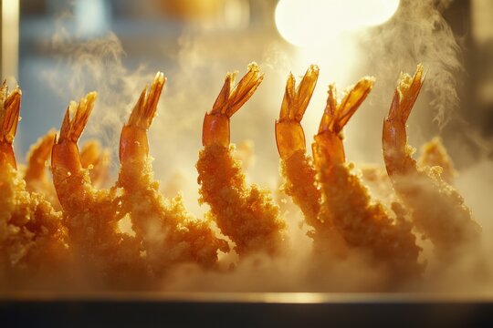 Crispy Fried Shrimp with Golden Texture and Steam Rising in Directional Light, Showcasing the Perfect Appetizing Dish for Food Enthusiasts and Culinary Photography