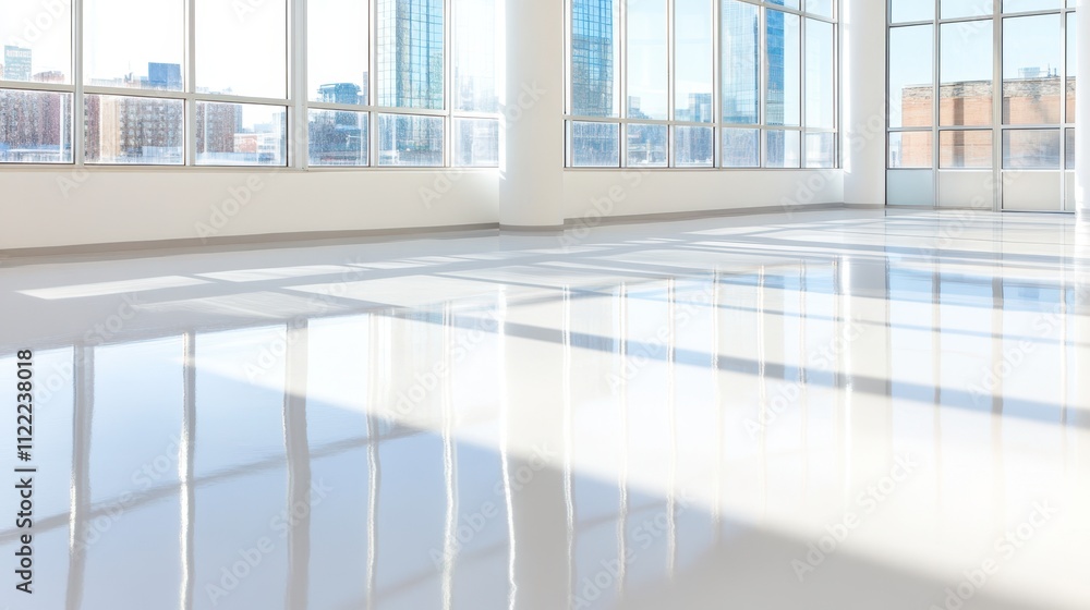 Poster modern urban space with sunlight streaming through large windows on a bright day