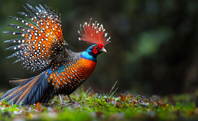 Fototapeta premium Colorful bird displays vibrant plumage in nature. A striking bird with elaborate feathers showcases its colors in a lush forest environment during daylight.