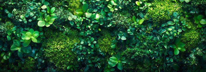 Lush green wall featuring various plant species. A vibrant wall covered with an array of green plants, showcasing diverse textures and shades in nature.