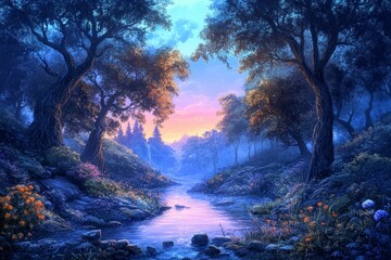 Obraz premium Serene stream flows through twilight forest, colorful flora.