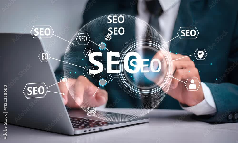 Poster IT employee working on computer, close-up. Businessman in front of laptop for SEO search engine optimization analysis. Concept: website traffic ranking and search engines.