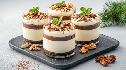 Delicious dessert cups filled with creamy layers of chocolate and vanilla, garnished with nuts and mint, perfect for any celebration or gathering.