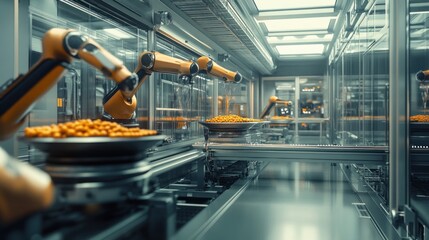 Automated robotic arms sorting food products on a factory assembly line.