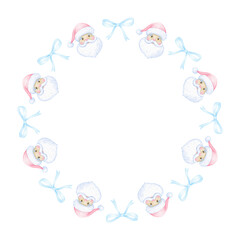 Santa, bow. Watercolor round frame template for text on white background in pastel colors for textile and packaging paper. Cute Christmas illustration