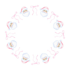 Santa, bow. Watercolor round frame template for text on white background in pastel colors for textile and packaging paper. Cute Christmas illustration
