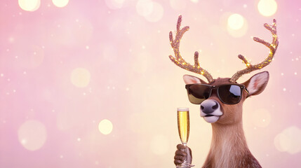 Festive Reindeer wearing sunglasses holds a glass of champagne Cheers to the Holidays Happy New Year, set against a glowing pink bokeh background
