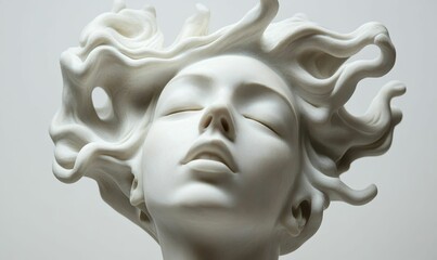 Serene white sculpture, flowing hair, closed eyes.