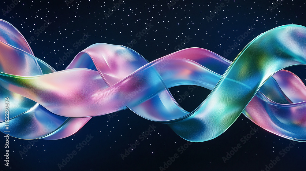 Poster Colorful ribbons intertwining in a cosmic background representing unity and connection in a vast universe. Abstract art illustration