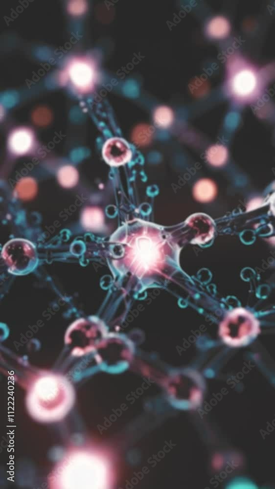 Poster dynamic molecular structure with glowing nodes and interconnected pathways in 3d.