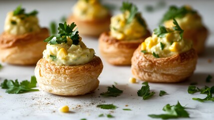 Vol-au-vent showcases delicate pastry shells filled with creamy, flavorful toppings, garnished with fresh herbs. A delightful appetizer perfect for gatherings and festive occasions.