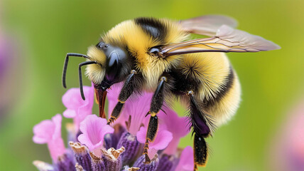 ラベンダーの花に止まるミツバチの接写