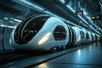 Fototapeta premium Futuristic train arrives at sleek, modern station.