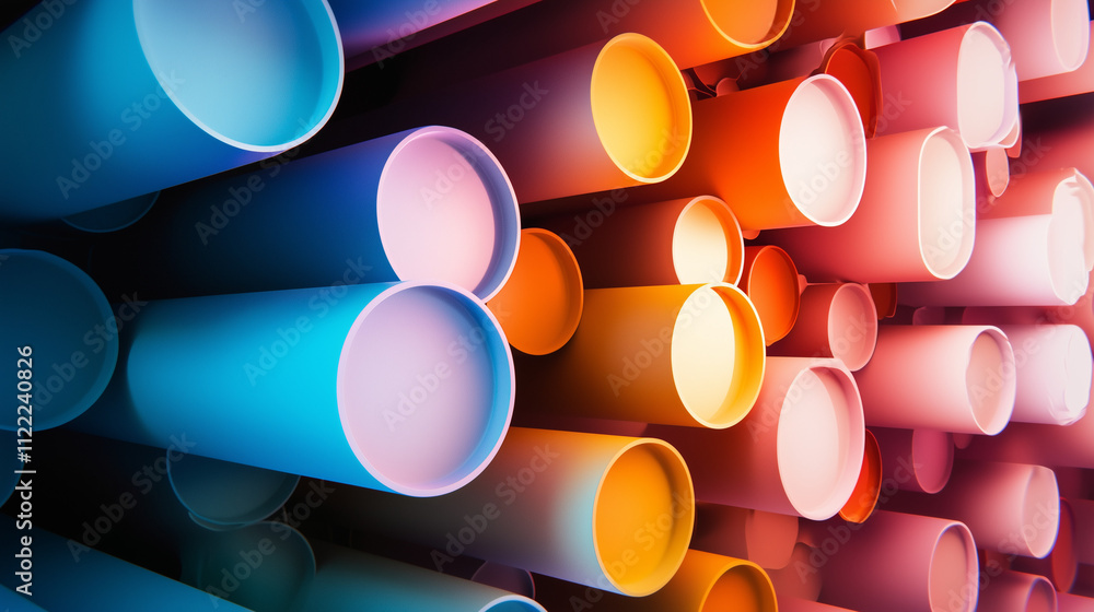 Poster a vibrant abstract image featuring numerous colorful cylinders, tubes, or pipes arranged in a visual