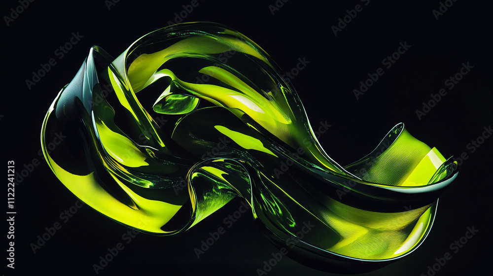 Poster abstract yellow-green sculpture with flowing shapes illuminated against a dark background. abstract 