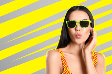 Fashionable woman with sunglasses on bright background, creative art collage. Yellow outline around...