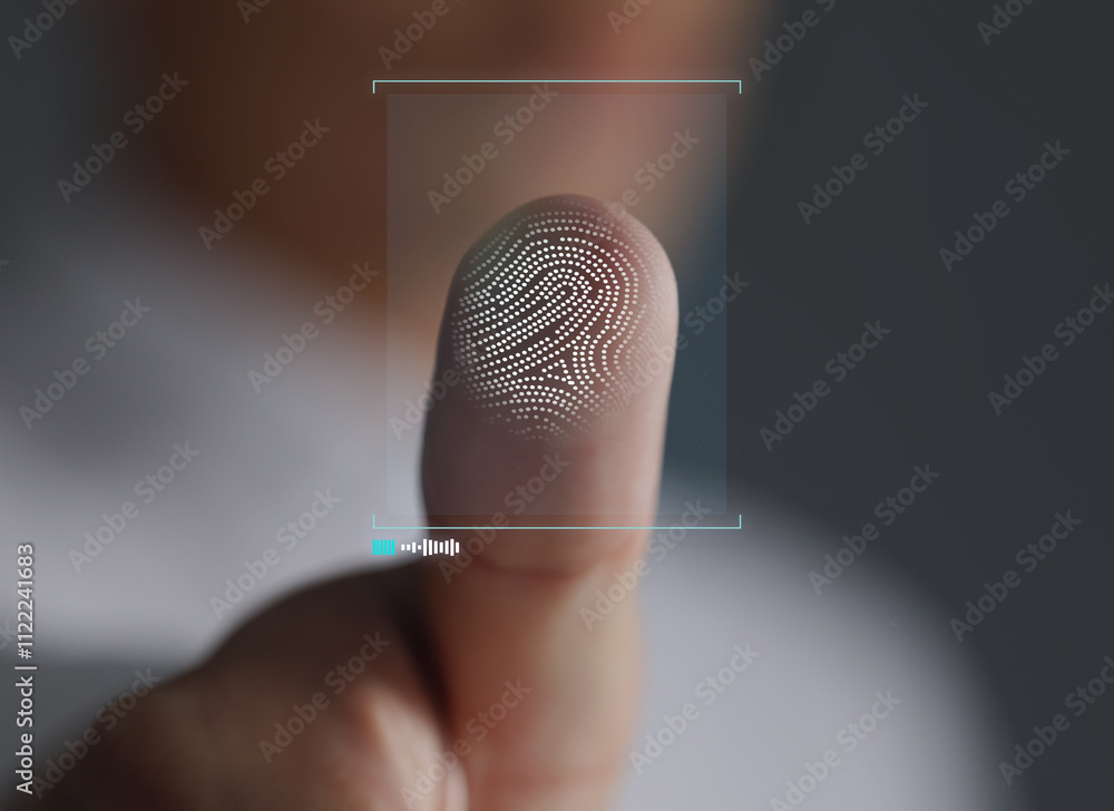 Poster man pressing finger to surface showing friction ridges pattern, closeup. scanning fingerprint