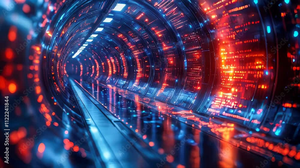 Poster futuristic tunnel with glowing red and blue binary data flowing along its walls, representing data t