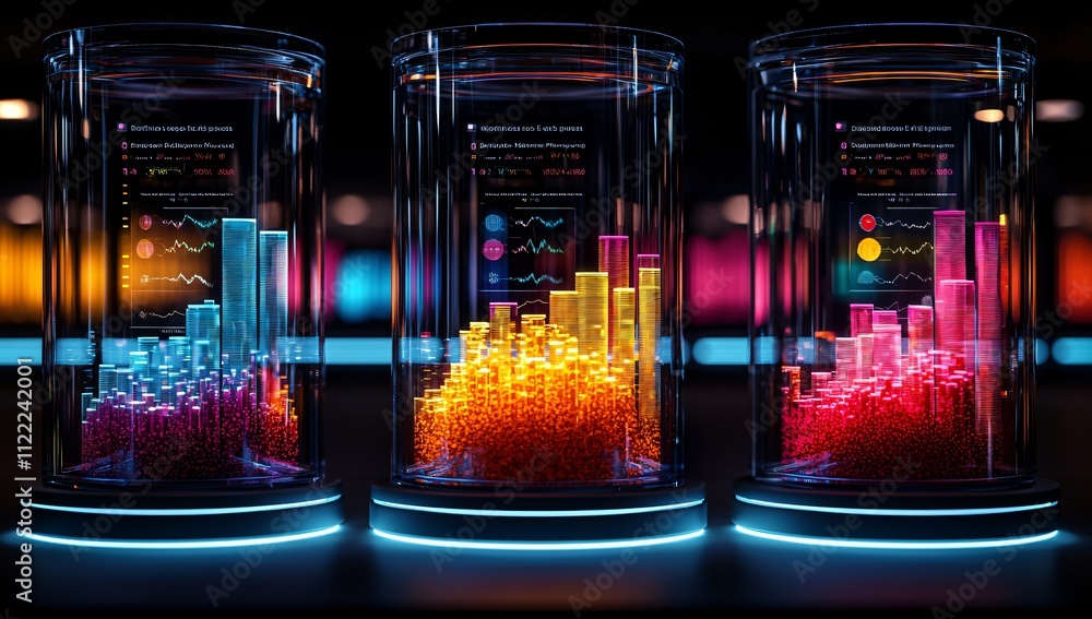 Poster illuminated data futuristic glass cylinders displaying 3d financial charts and graphs