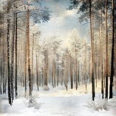 Obraz premium Snowy path through winter woods; frosted trees.