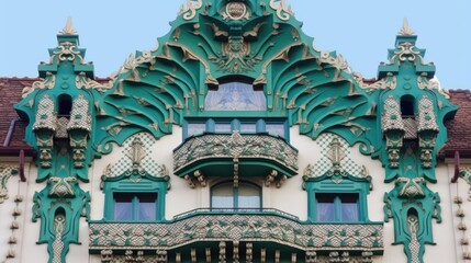 Fototapeta premium Ornate architectural facade featuring intricate green designs and decorative elements.