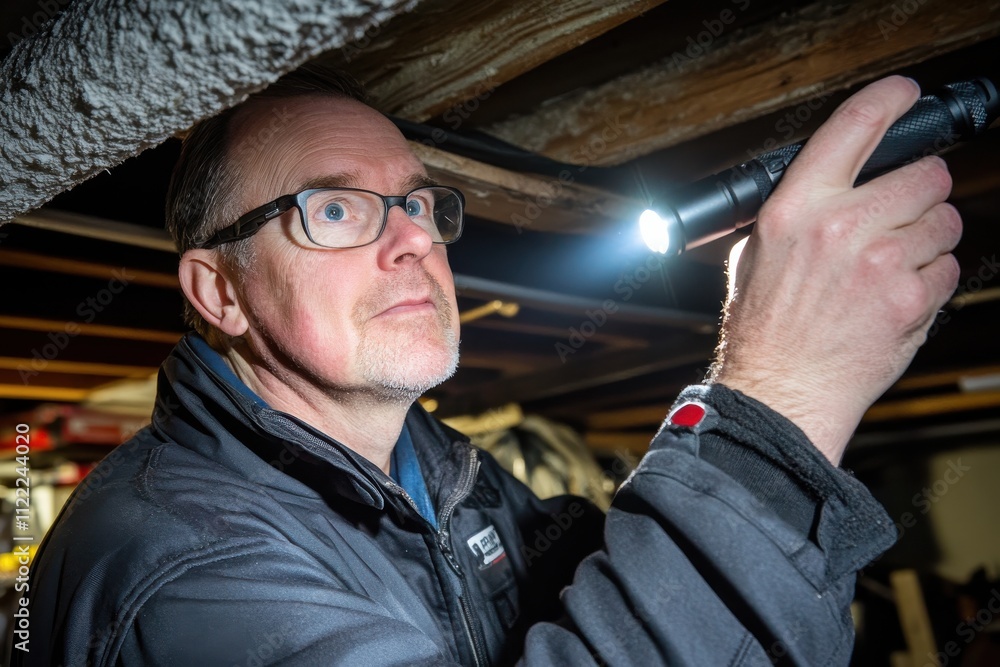 Poster mechanic illuminating work area with flashlight while performing repairs under a car in a garage set