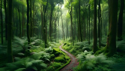Obraz premium Lush Green Forest with Path Leading Through Dense Vegetation