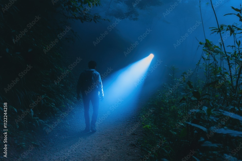 Poster mysterious journey through foggy forest with dramatic beam of light illuminating path and figure sur